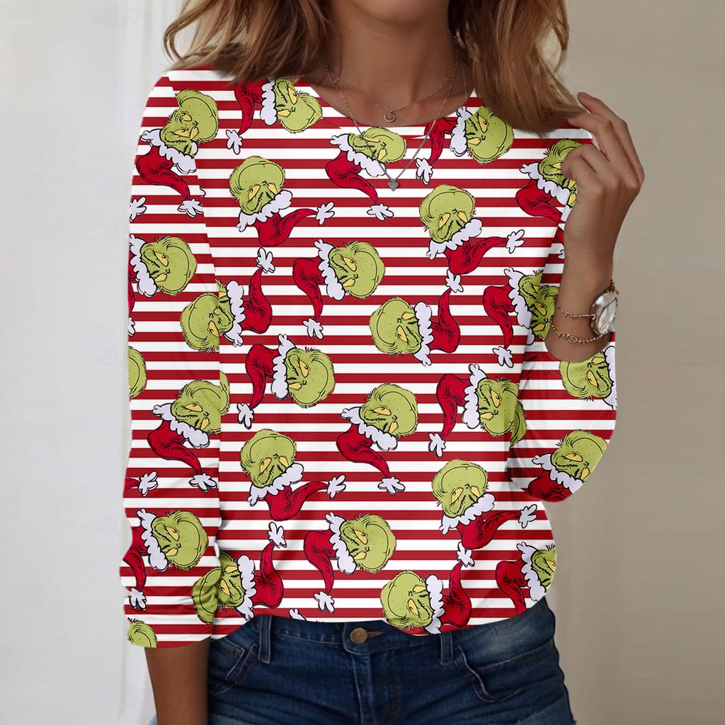 Women's Fashion Casual LongSleeve Print Round Neck Pullover Top Blouse