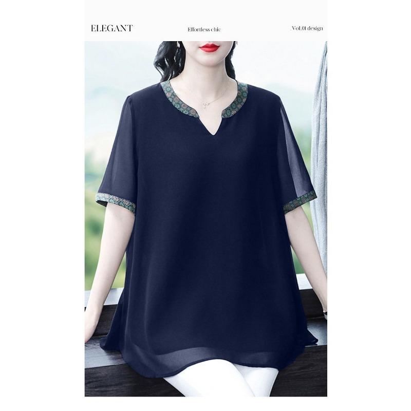 Short-sleeved Shirt for Women Summer New Plus Size Women's High-end Ethnic Style Chiffon Shirt Top