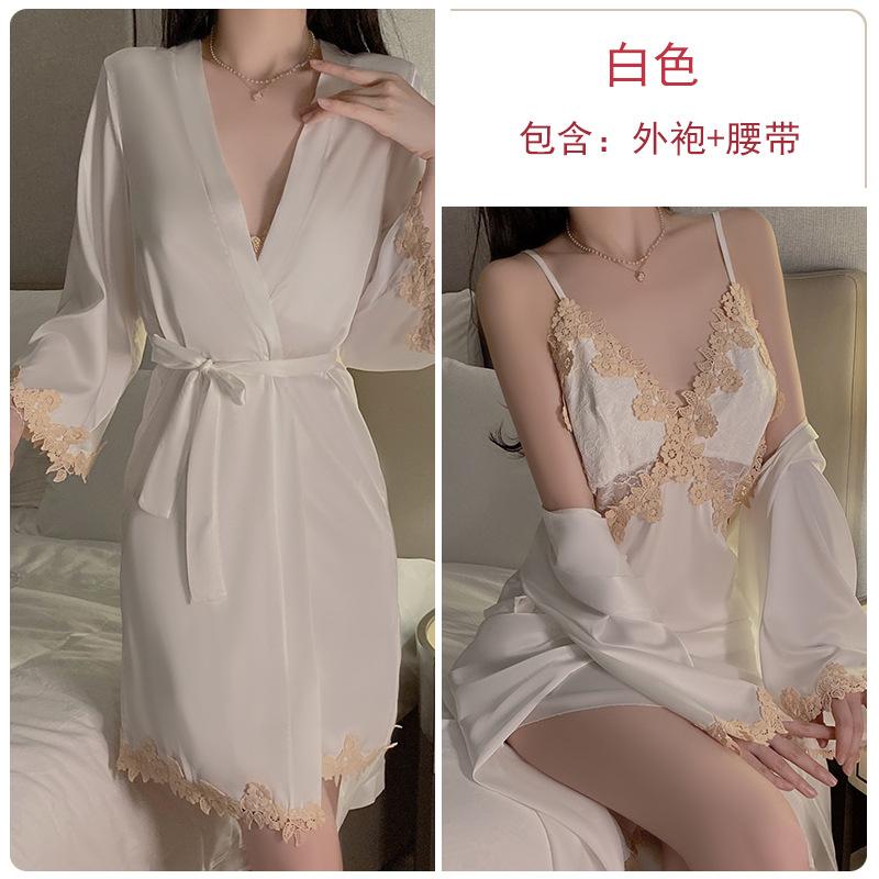 Women's Satin Embroidered Lace Deep V Backless Sleep Dress with Loose Robe Lounge Set