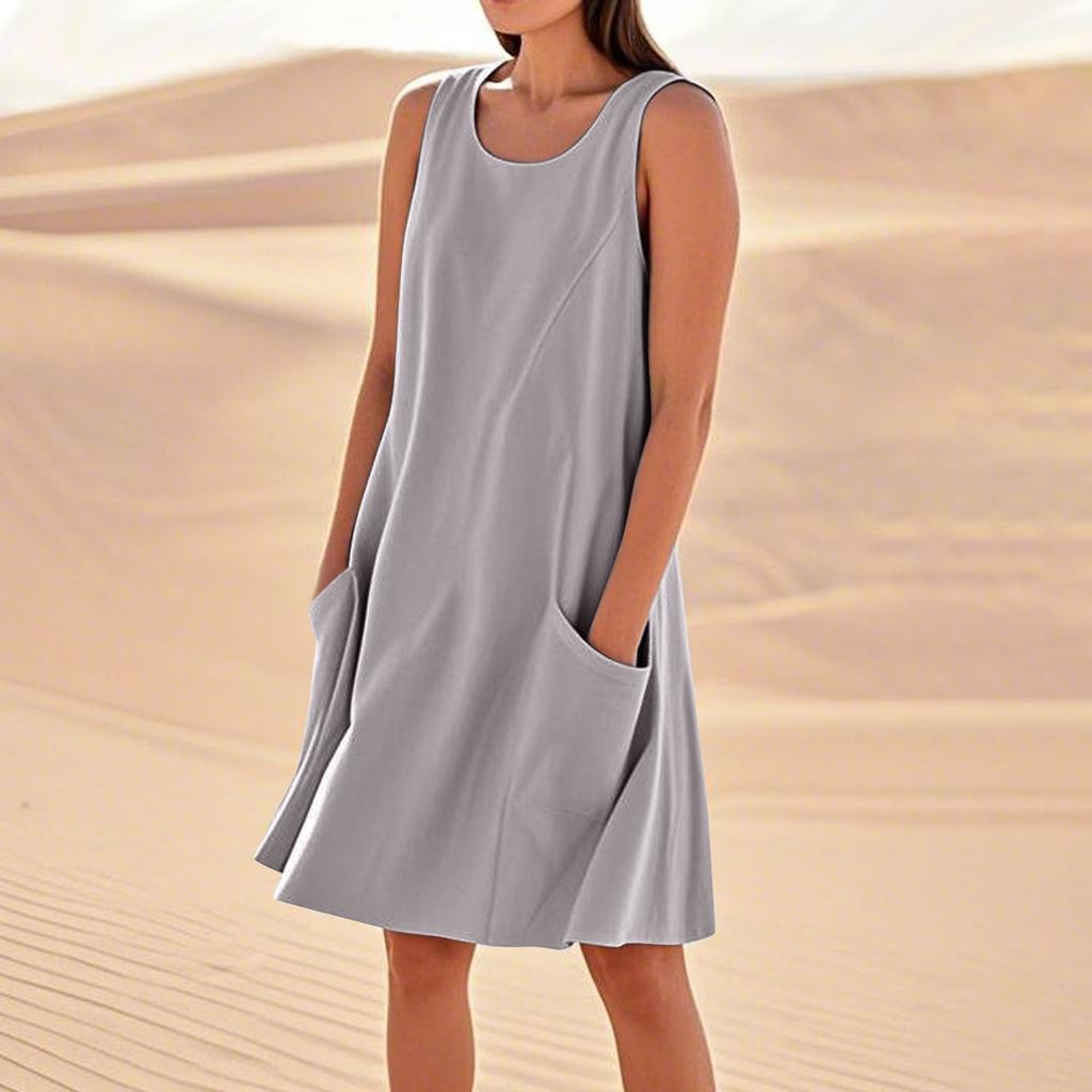 Sommerkleider für Damen, lockerer Strandurlaub, lässig, ärmellos, Sommerkleider mit Taschen, Tankkleid