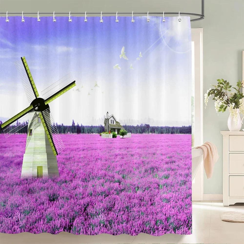 

Lavender Scenery Print Shower Curtain Natural Scenery Bath Curtain Waterproof Fabric Bathroom Curtain With Hook For Home Decor W60H190(CM)-1 Pcs