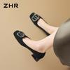 ZHR Women's Rhinestone Buckle Low-Cut Chunky Heel Slip-On Pumps K509