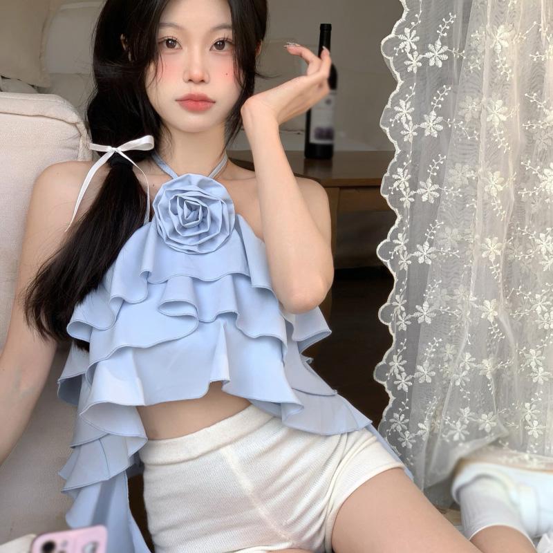 

Женский жилет-майка с бретелькой через шею, летний топ без рукавов с оборками One Size