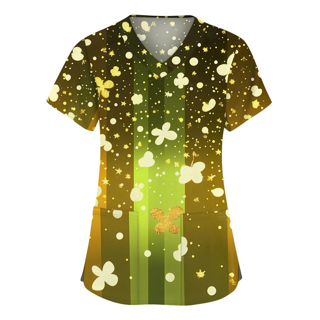 Women's Fashion V-neck Short Sleeve Workwear With Pockets Printed Tops