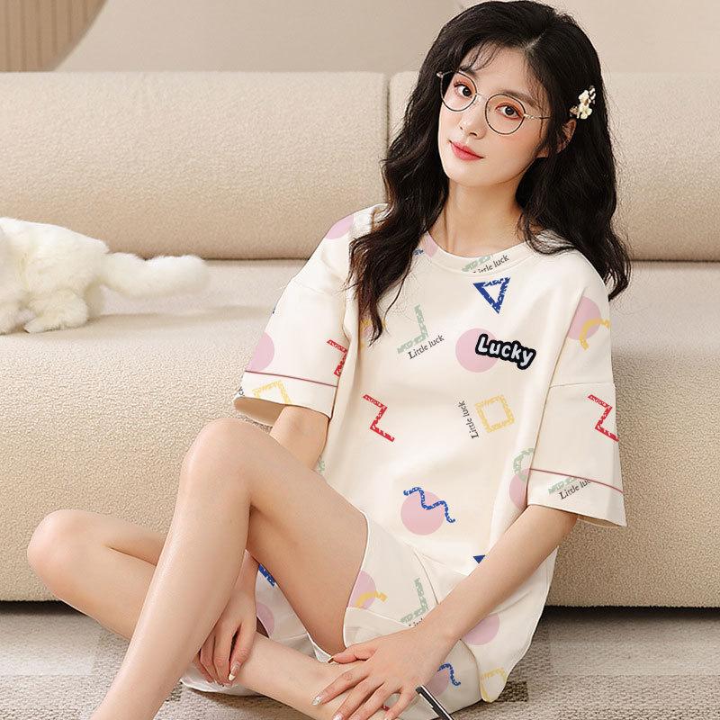 Summer simple casual pajamas women's Korean version cool thin cotton round neck short-sleeved shorts set women's loungewear summer