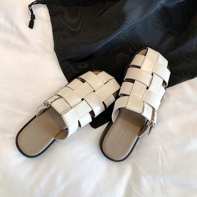 The Same Style~ Soft Burst Cover Ugly Leather Woven Hollow Baotou Half Drag Flat Bottom Roman Pig Cage Slippers Women