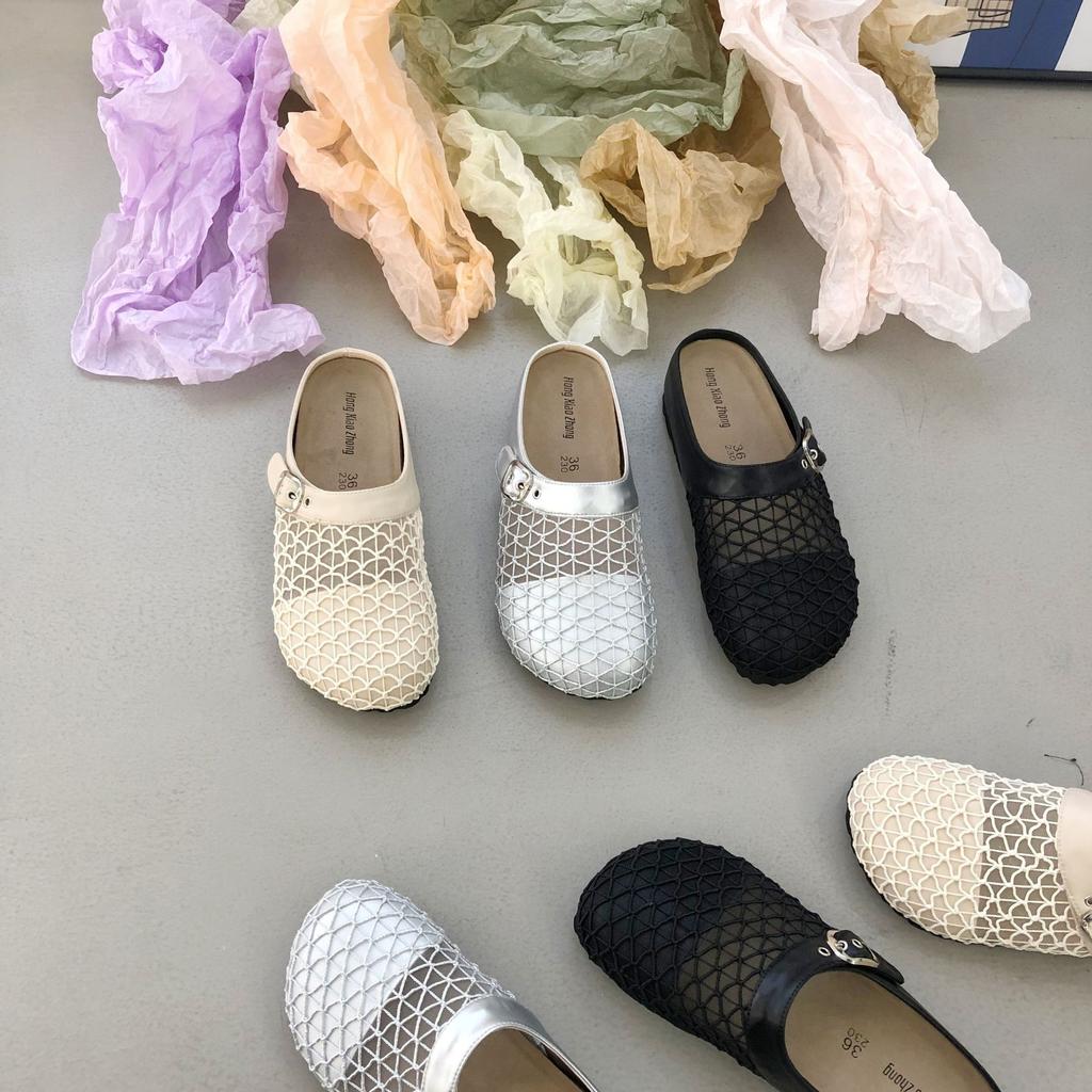 Niche design belt buckle woven hollow bag head half slippers women's outer wear 2025 new thick-bottomed Muller sandals