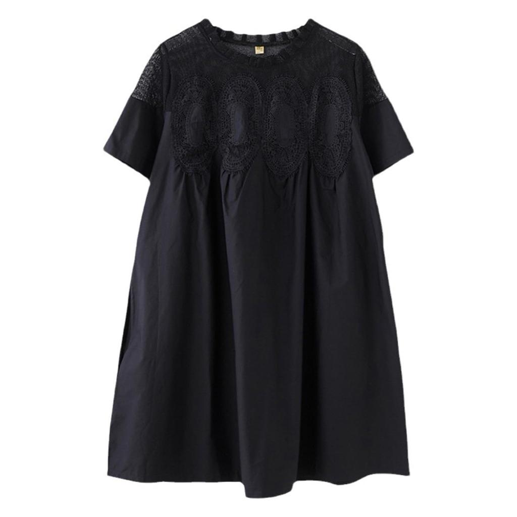 Women's Fashion Solid Color Short Sleeve Dress Lace Trim Mesh Splicing Dress