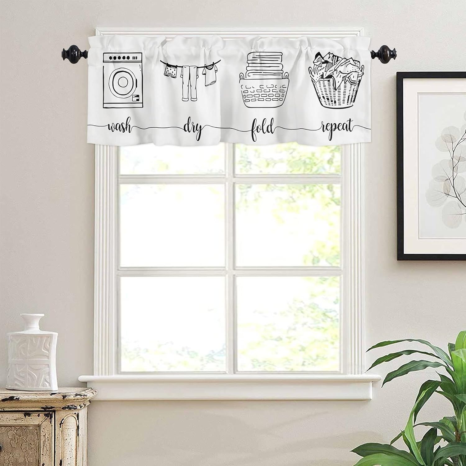 Laundry Curtain Valance 54 x 18 , Simple Line Drawn Wash Dry Fold Repeat Window Valances Rod Pocket Curtains Drapes, Laundry Routine Short Topper