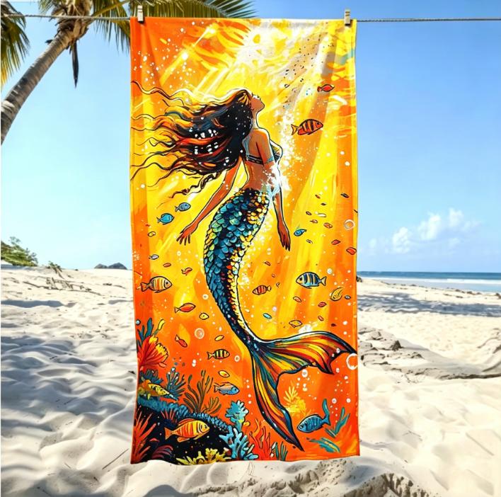 Fantasy Mermaid Underwater Beach Towel, Large Microfiber Sand Free Quick Dry Towel for Summer Vacation