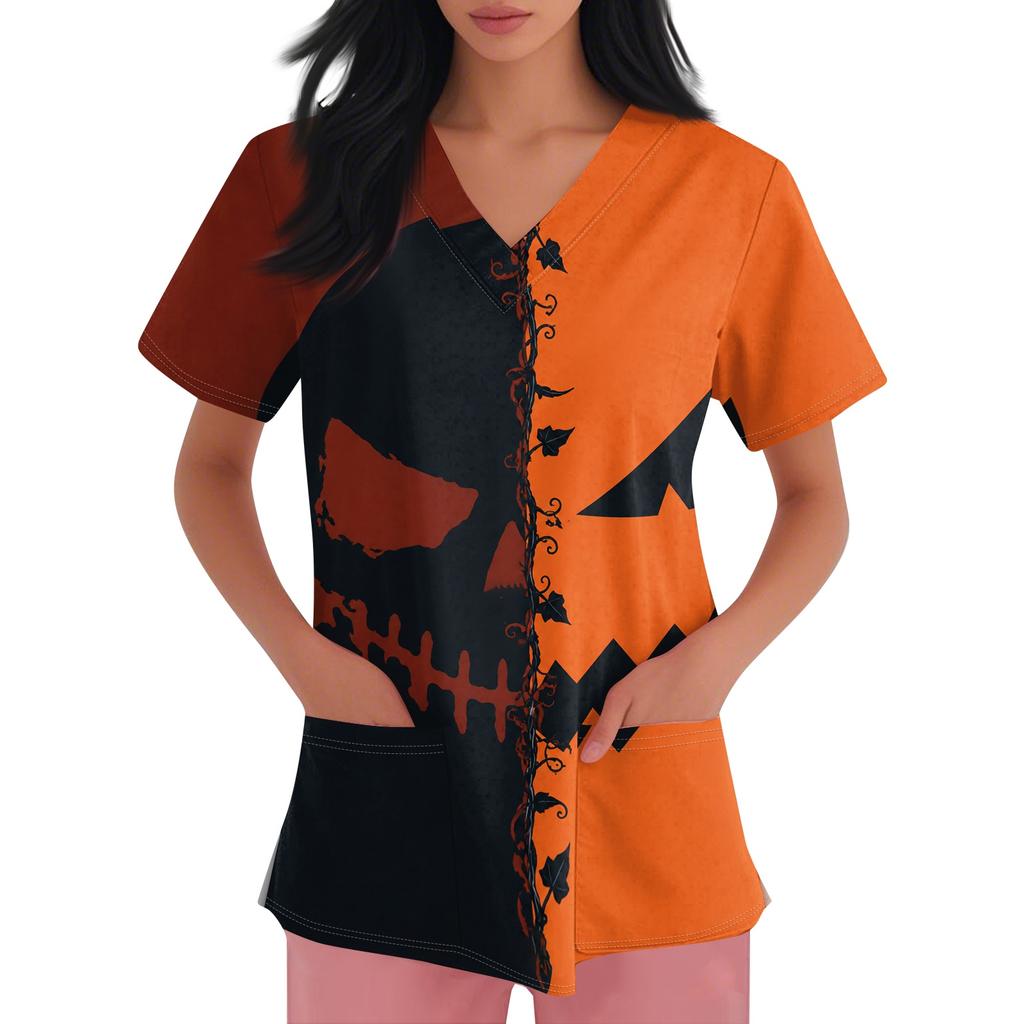 Women's Halloween Print Short Sleeve V-Neck Scrub Top with Pocket