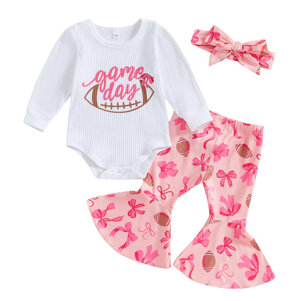 Baby Girls Fall Outfit, Long Sleeve Letters Print Romper with Bow Rugby Flare Pants and Headband Clothing Set