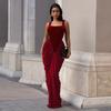 Women Square Neck Sleeveless Draped Maxi Dress Solid Color Elegant Evening Formal Dress
