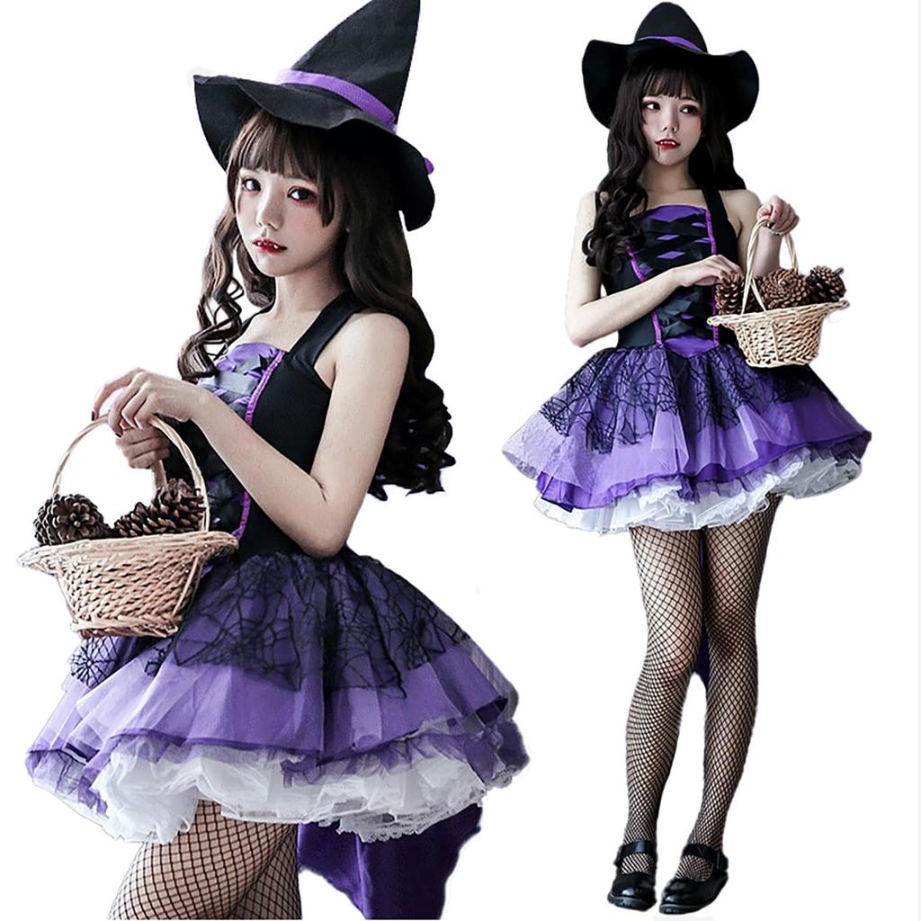 MEYOIJK Costume Cosplay da Strega di Halloween per Adulti Grim e Carino e Sexy Abito Gotico Lolita con Frac e Mini Costume di Halloween con Cappello e