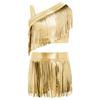 Girls Jazz Dance Outfit Asymmetrical Shoulder Metallic Tassels Crop Top Elastic Waistband Shorts Set