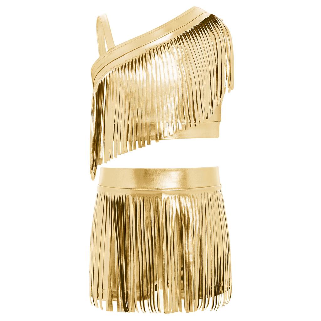 Girls Jazz Dance Outfit Asymmetrical Shoulder Metallic Tassels Crop Top Elastic Waistband Shorts Set