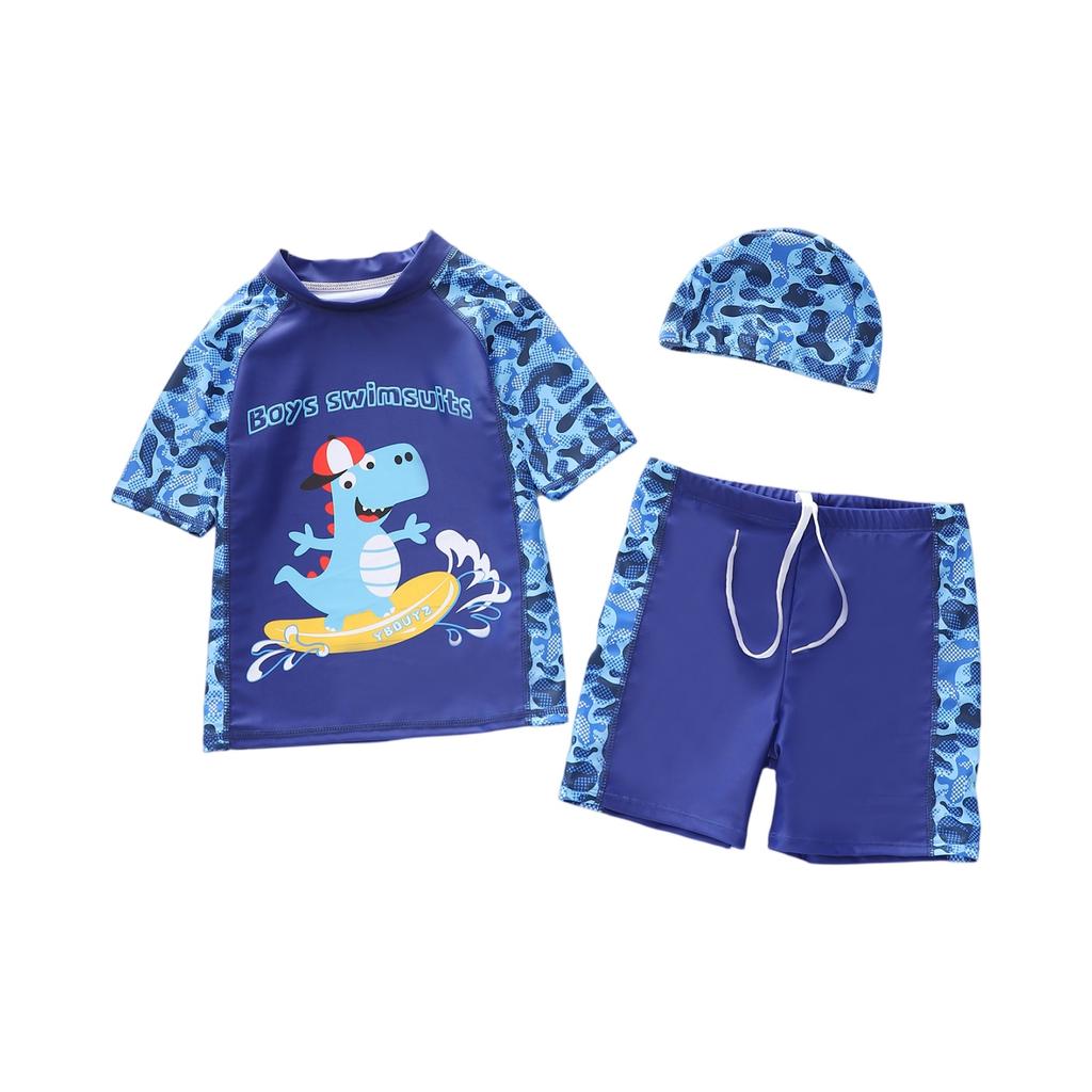 Boys Three Piece Swimsuit Set Short Sleeve Rash Guard Swim Shirt Swim Shorts and Swim Cap Cartoon Dinosaur Print Sun Protection Swimwear