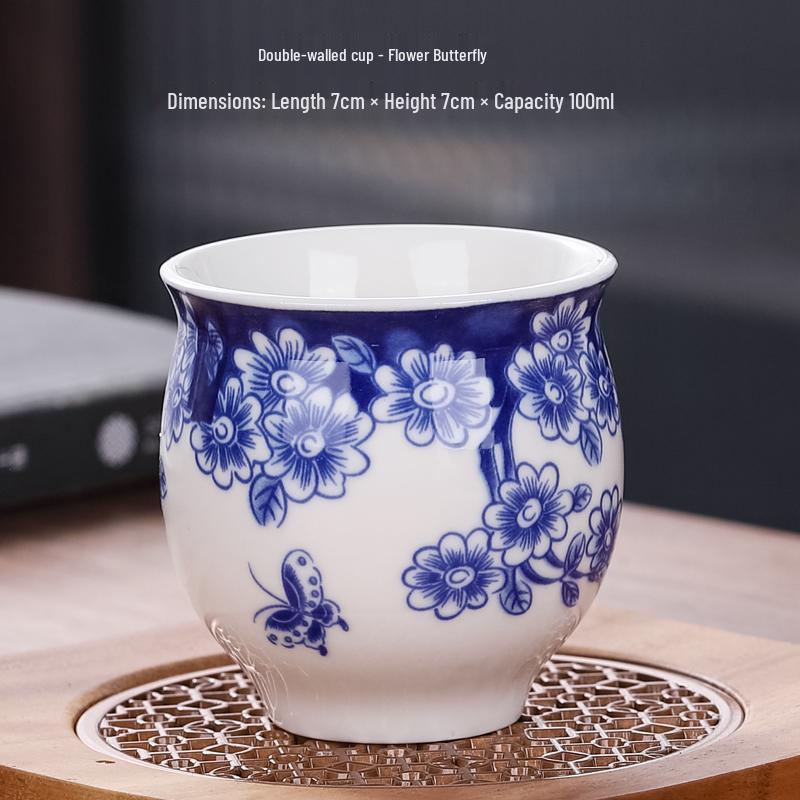Blue and White Porcelain Heat-Insulating Ceramic Tea Cup - Large Anti-scalding Double-Walled Design for Home Use