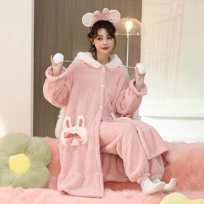 Fluffy Long-eared Hooded Nightgown with Trousers 2 Piece Set Winter Flannel Thickened Warm Pajamas Set Pink Cute Cartoon Robes