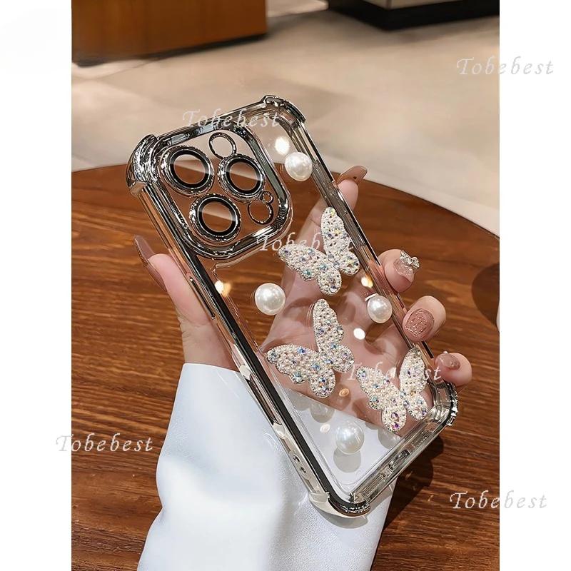 3D Pearl Butterfly Shockproof Plating Silicone Case for iPhone 16 16E 15 14 13 12 Mini 11 Pro XS Max XR X 8 7 Plus Cover