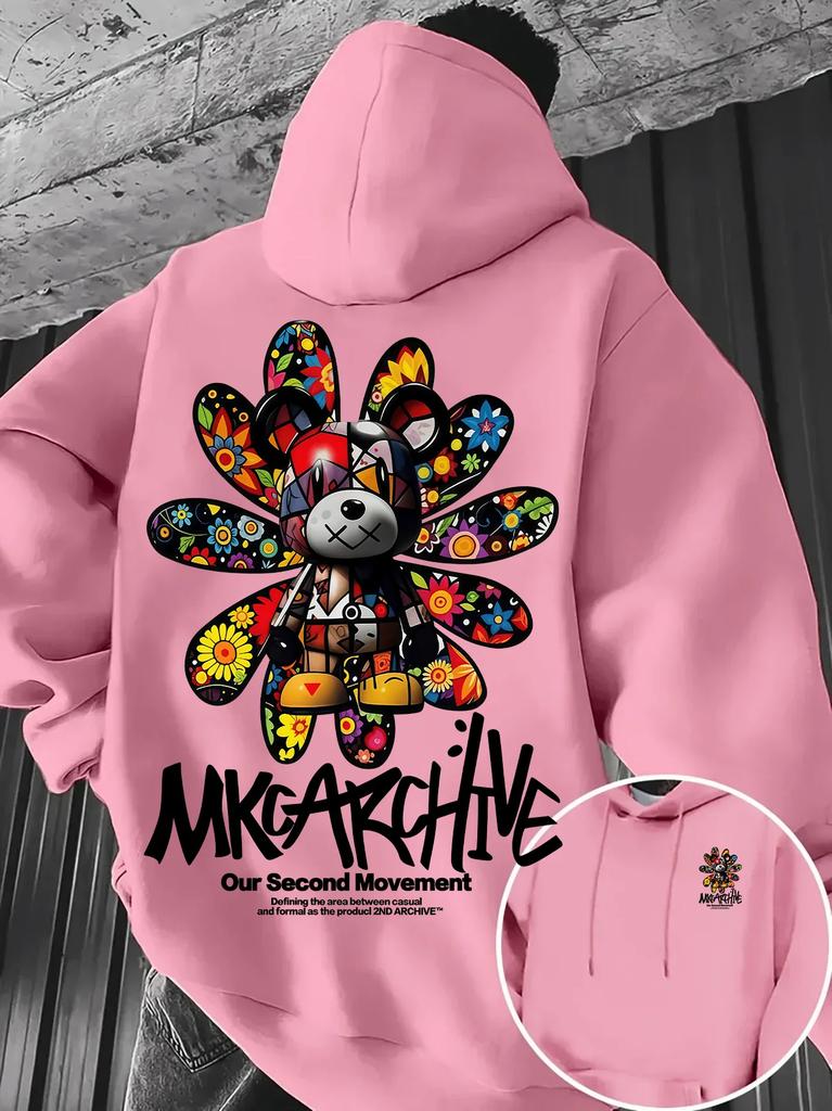 Lässiger Kapuzenpullover – Bunter Bären-Graffiti-Print mit Blumenmuster Pullover Warmes Street-Style Oberteil für Herbst/Winter