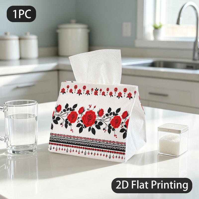 1pc Red Rose Floral Tissue Box Suitable, Napkin Dispenser with Flat-Printed Roses, Compact Portable for, Office, Dining Table - Decorative Holder for