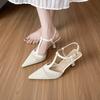 High heels women's stiletto high-end French pointed mesh sandals T-band middle heel fairy style single shoes celebrity style