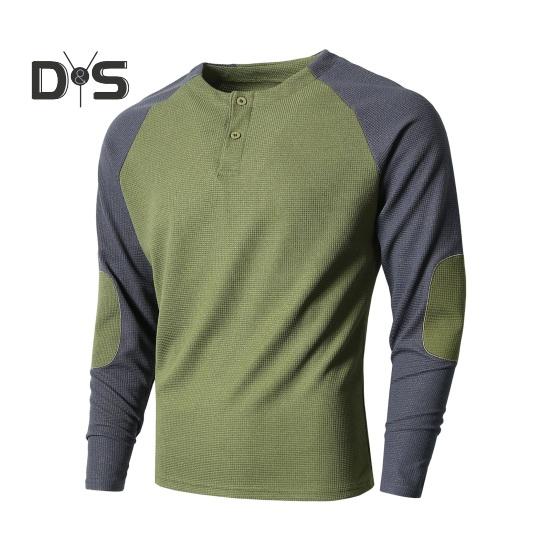 Frühlings- und Herbstoberteil für Herren, normale Passform, Farbblock-Langarm-T-Shirt, geknöpfter Rundhalsausschnitt, Patch-Dekor, lässiges Sport-Party-T-Shirt