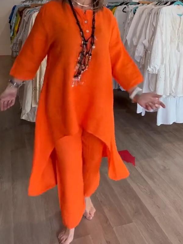 Women's Solid Color Casual Cotton Linen Long-Sleeved Summer Set