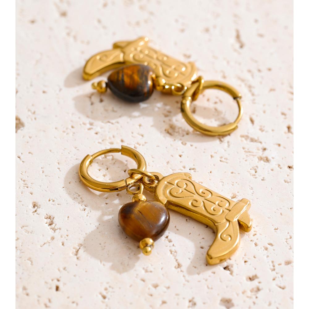 Yhpup Natural Tiger Stone Boots Shoes Pendant Drop Hoop Earrings Stainless Steel Charm Vintage Fashion Jewelry Prevent Allergy