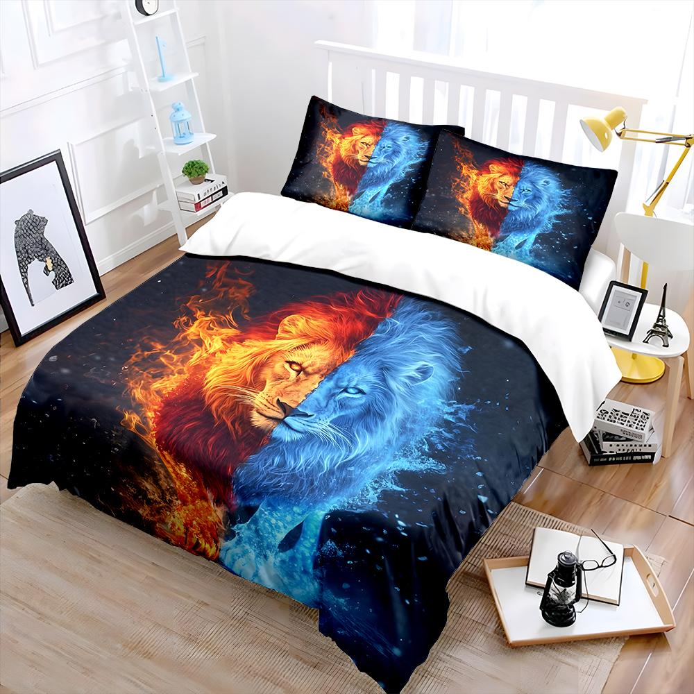 Lion Of Fire And Ice Contrast Bedding Set For Kids Luxury Gift 3Pcs Digital Print Comforter Set Soft Comfortable Breathable