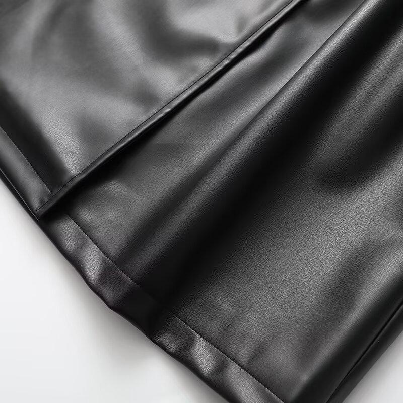 Automne/Hiver 2024 Manteau Trench Mi-Long en Cuir pour Femme avec Revers et Ceinture