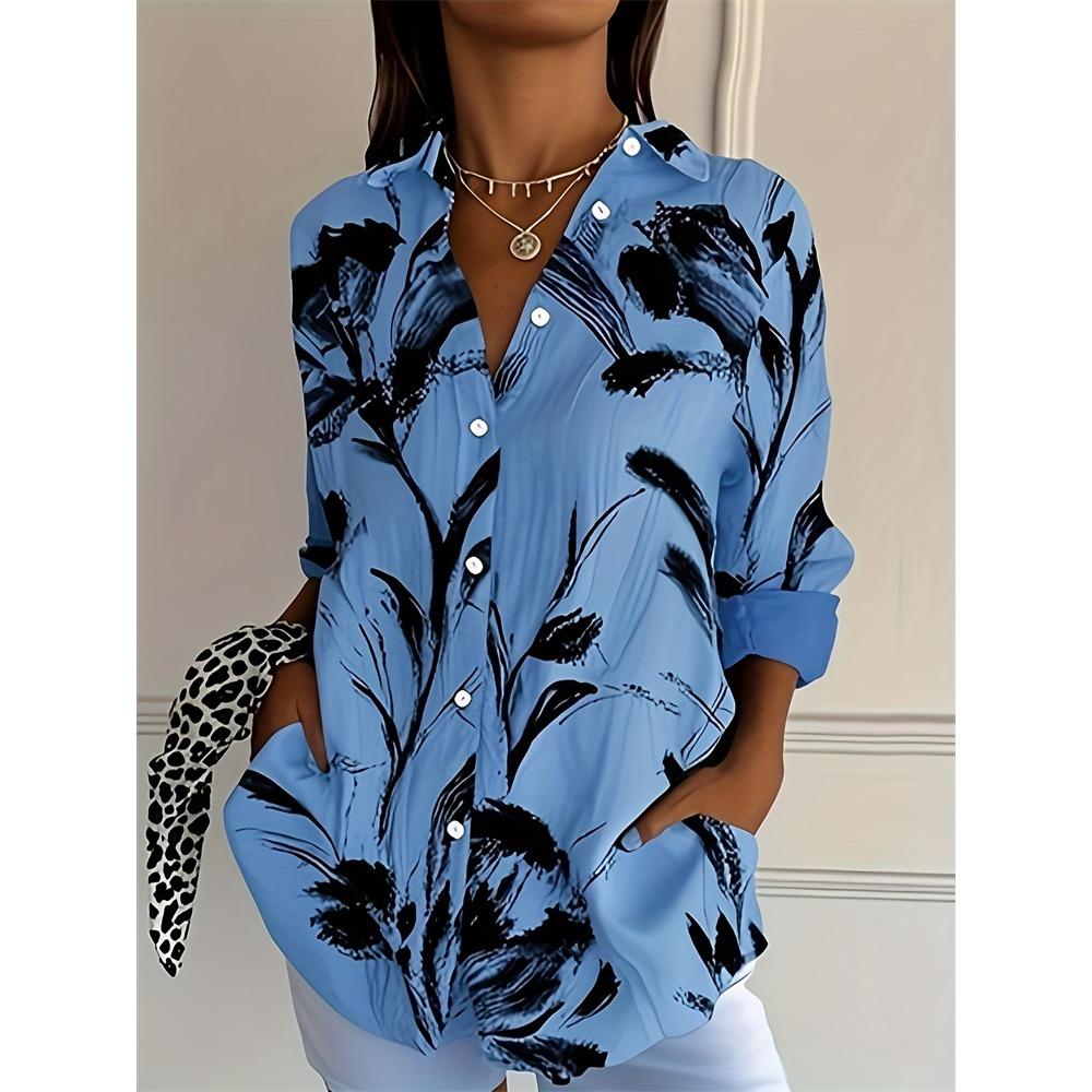 New Summer Fashion Women's Lapel Shirt Big Size Button Long Sleeve Daily Weekend V Neck Tops Floral Printed Loose Casual Shirt