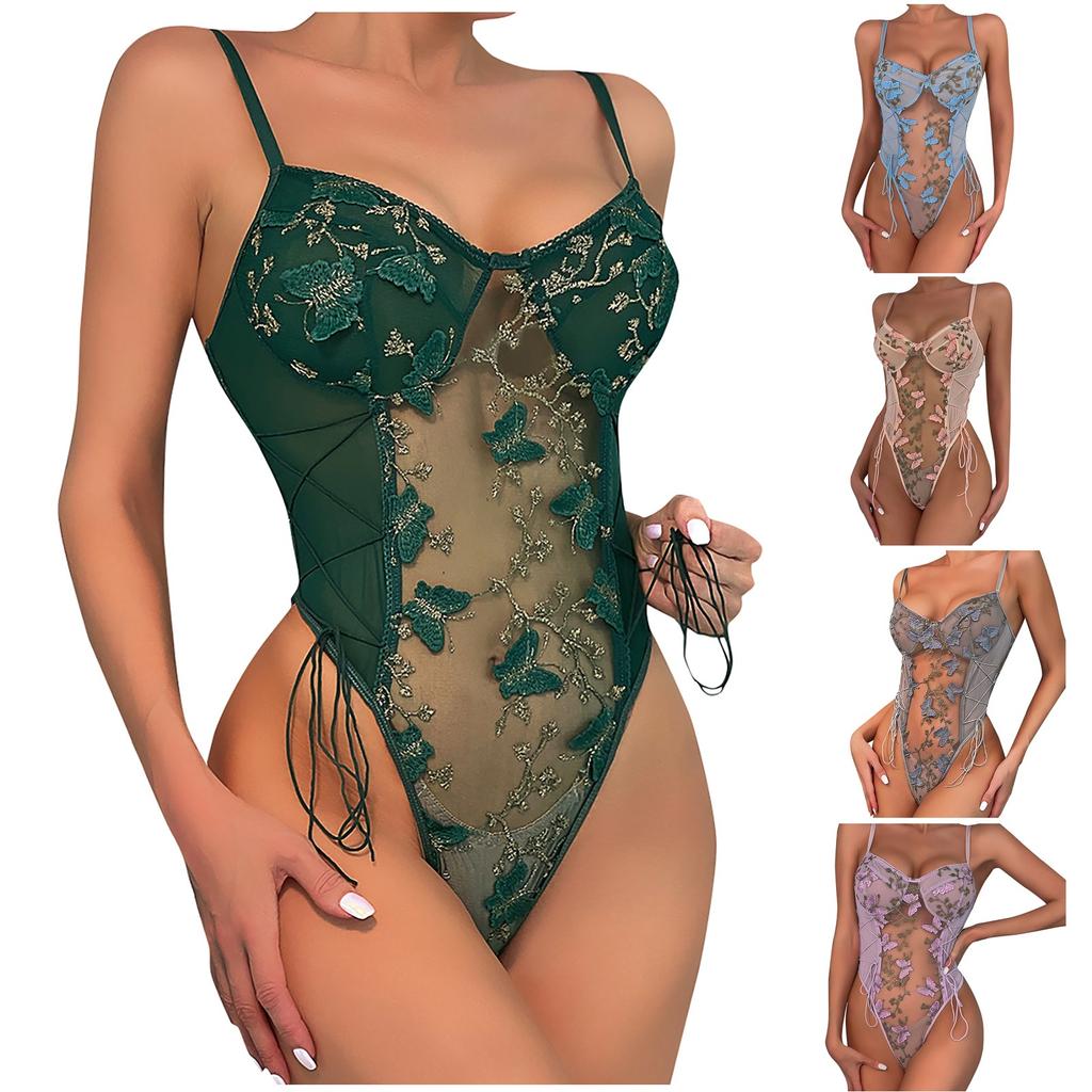 Women's Lace Embroidered Butterfly Sheer Mesh Bodysuit Adjustable Straps Slim Fit One Piece Lingerie with Underwire Support and Side Lace-Up Design