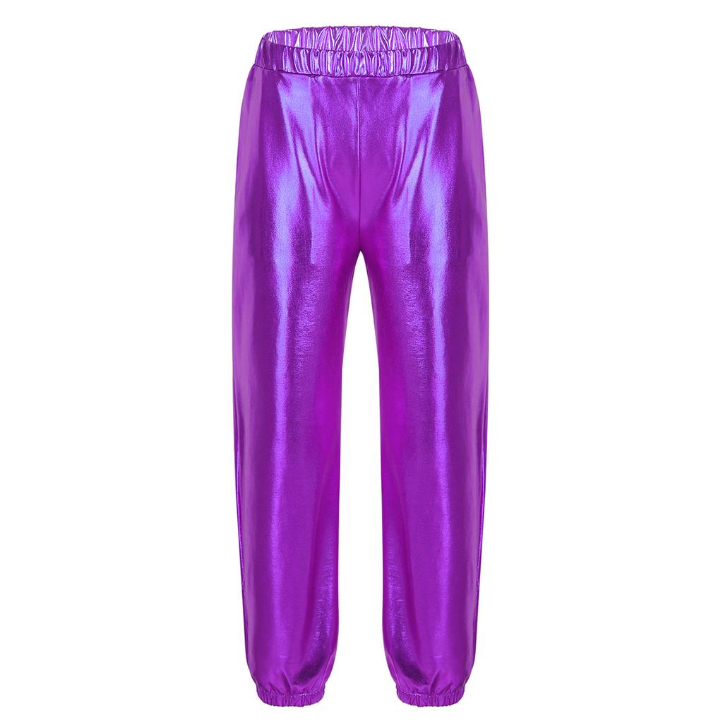 Girls Metallic Shiny High Rise Elastic Waist Dance Pants Side Pockets Hip Hop Streetwear Sweatpants for Stage