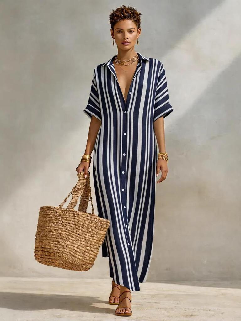 2026 European & American New Style Casual Striped Long Shirt Dress