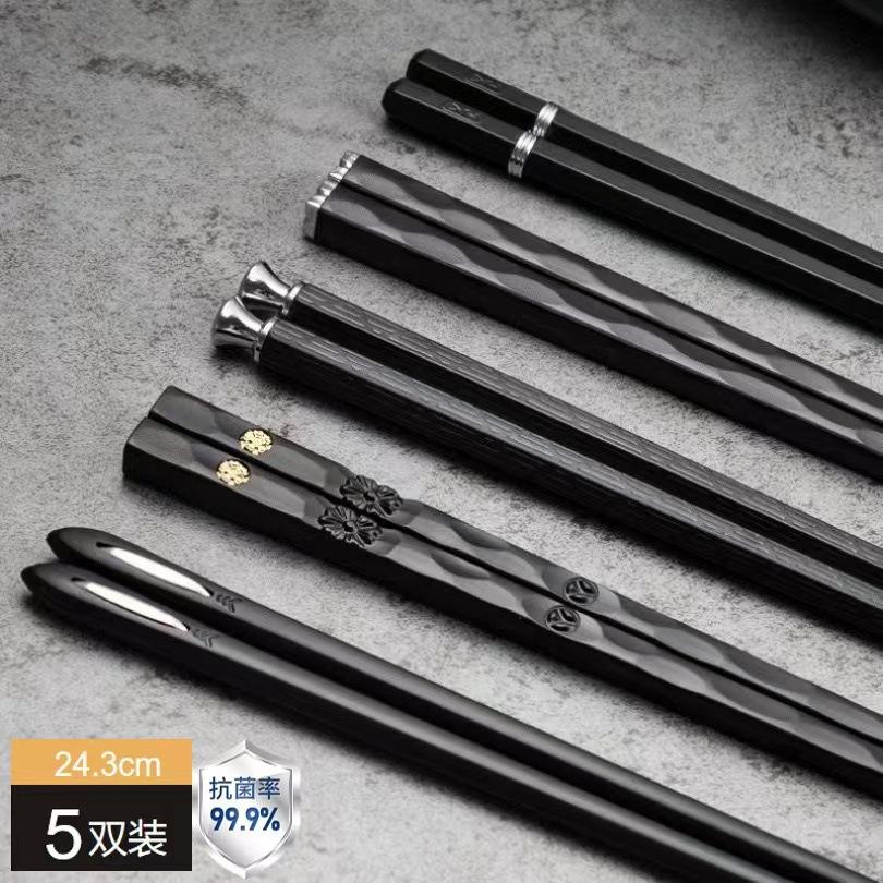 New 5 Pairs Black Silvery Alloy Chopsticks Non Moldy High-end Chopsticks Household Tableware for Easter, Ramadan, Christmas