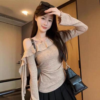 Gerüschtes schulterfreies langärmeliges Slim-Fit-Top - Neue Herbstmode
