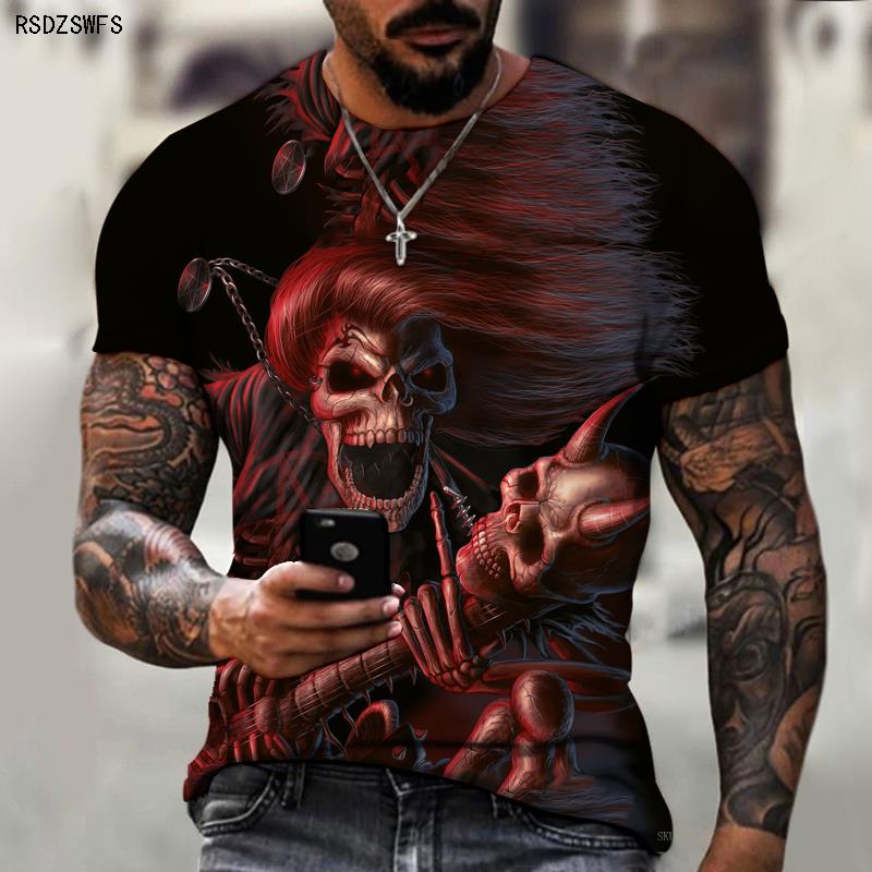 T-shirt z nadrukiem czaszki 3D z postacią horroru Męski, luźny, oversize z krótkimi rękawami Streetwear Hip-hop 3D Top z nadrukiem
