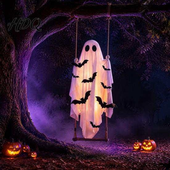 Halloween-Atmosphäre-Set Große Hängeschaukel Geist-Dekoration Leuchtend Gruselig Schwingend Atmungsaktives Polyester mit 3D-Fledermäusen für Veranda Hof,