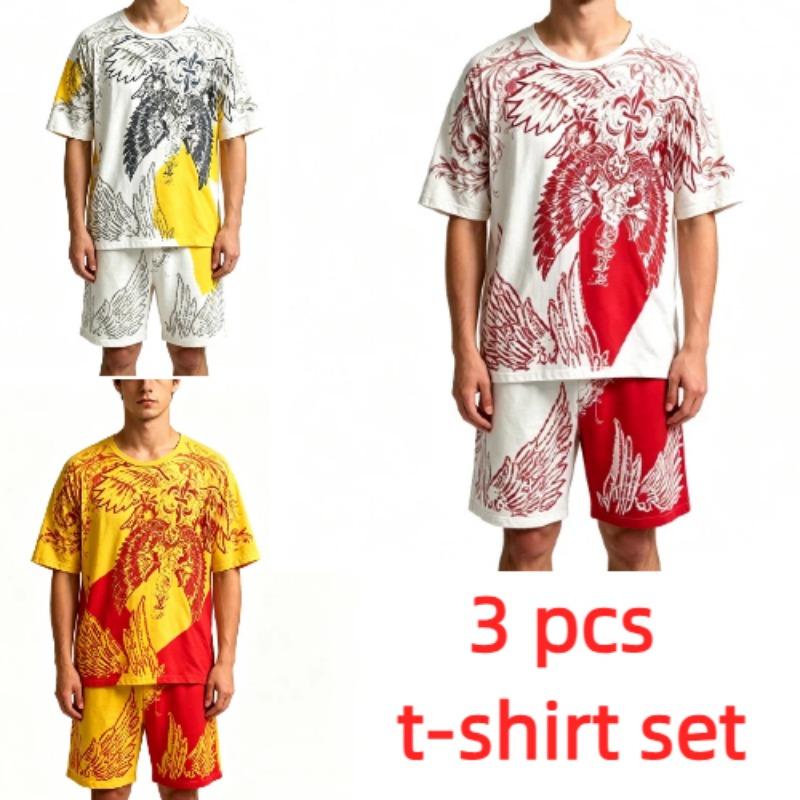 Summer Casual Angel Wing Printed Round Neck Short Sleeved T-Shirt And Shorts Set Men's and Women's T-shirt Shorts Set