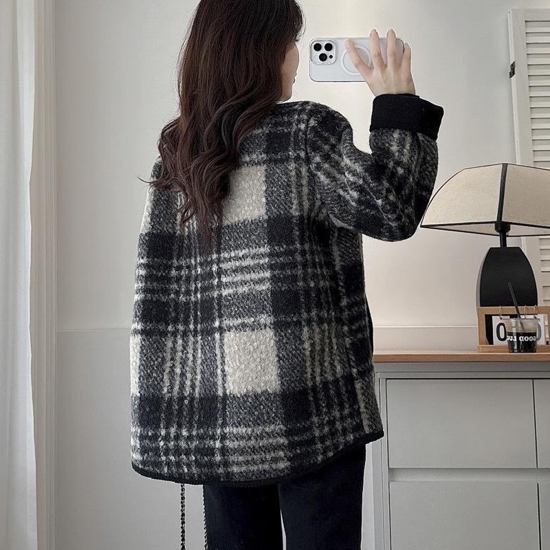 Women Check Pattern Woolen Coat Causal Loose Long Sleeves Jacket Fashion Warm Round Neck Single Breasted Buckle Outerwear Spring Autumn