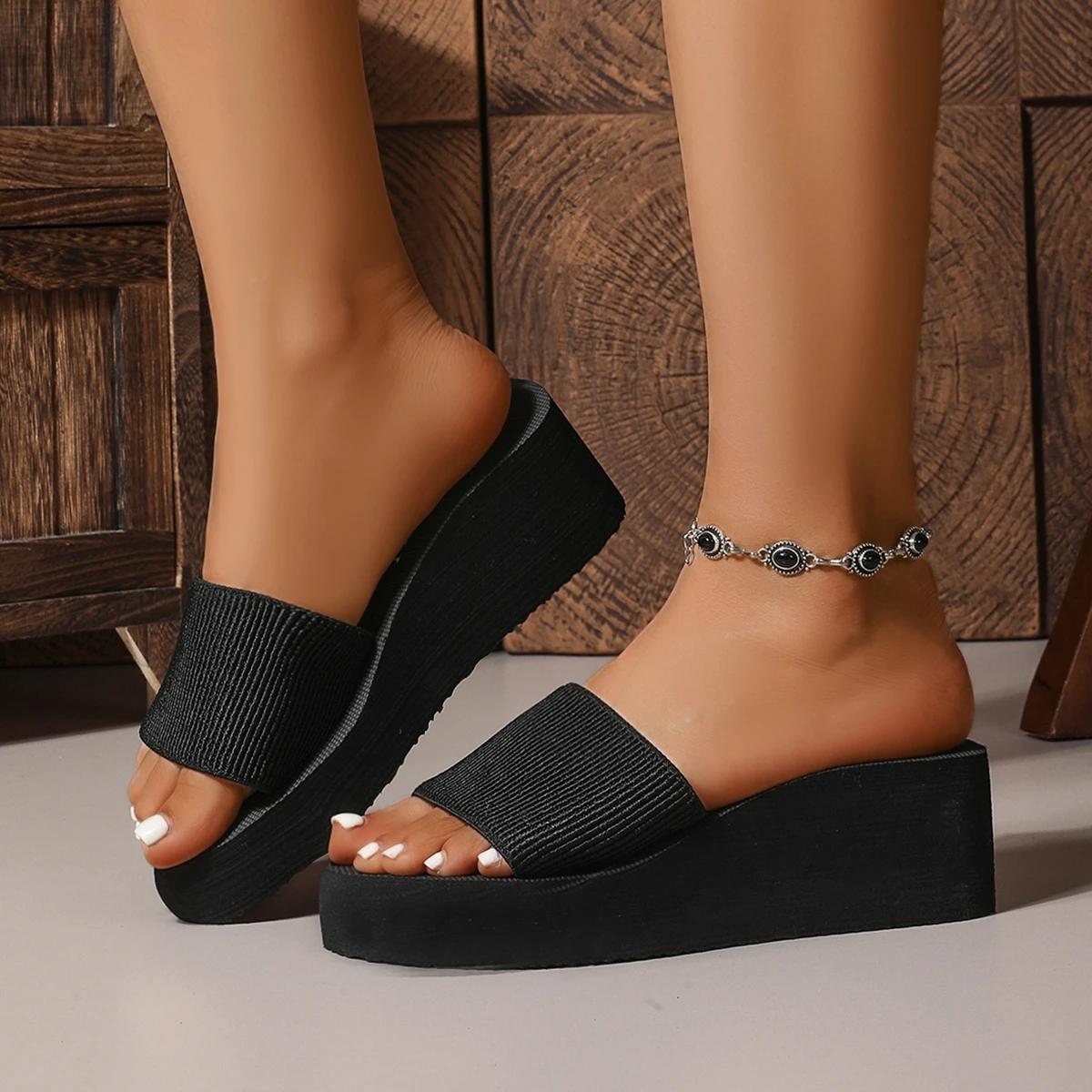 

Fashion Knitted Wedge Slippers for Women 2025 Summer Chunky Platform High Heels Sandals Woman Plus Size Thick Bottom Beach Shoes Mujer 41 чёрный