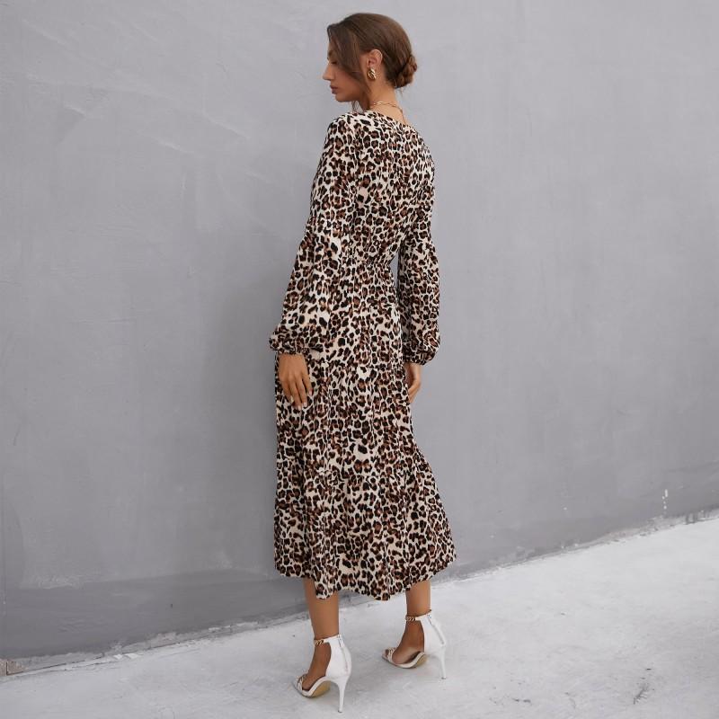 Vintage women's leopard print ruffle edge long-sleeved dress medium and long