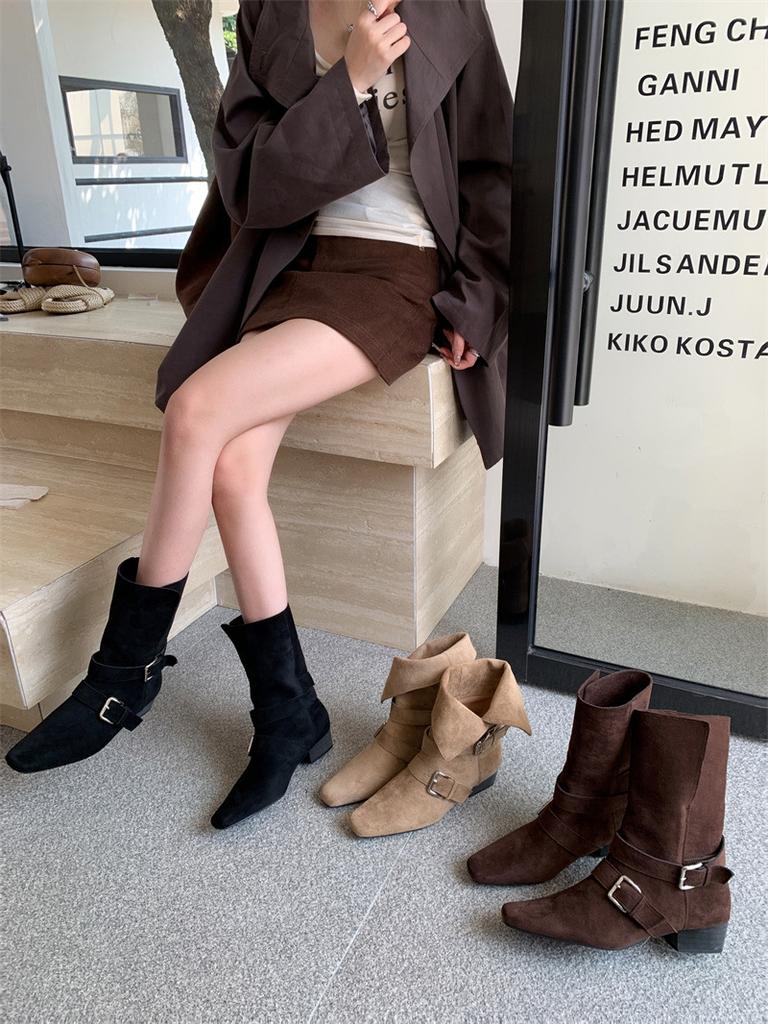 Coarse Heel Suede Square Head Short Boots Women's 2025 Autumn and Winter New Button Lapel Two Wear Women's Boots Sleeve Fashion Boots Women