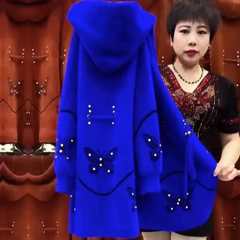 Manteau long en laine à capuche, épais et chaud, imitation vison, pour femme d'âge mûr et femme âgée, idéal pour l'automne/hiver.