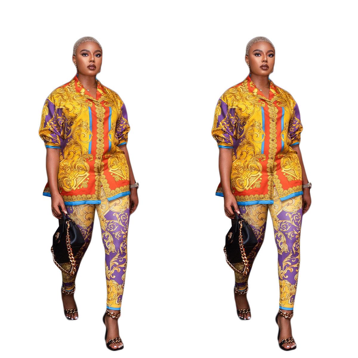 

Women s Cross-Border Fashion: Stylish Long-Sleeve Shirt & Printed Two-Piece Set M