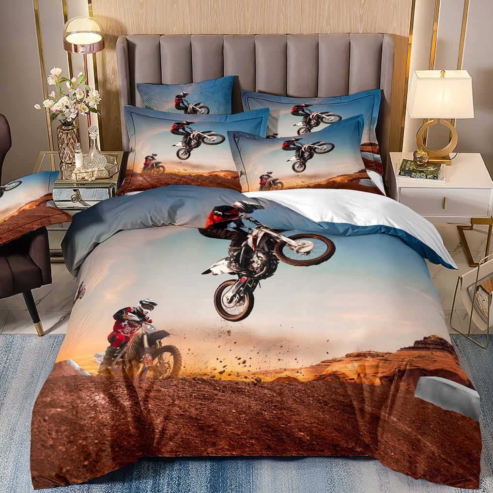 

Single Duvet Cover Set for Kids Boys Teen Motorcycle 3D Off-road Printed Bedding Set Duvet Cover, Luxurious Bedroom Decoration 100x135cm 2pcs&Duvet Cover