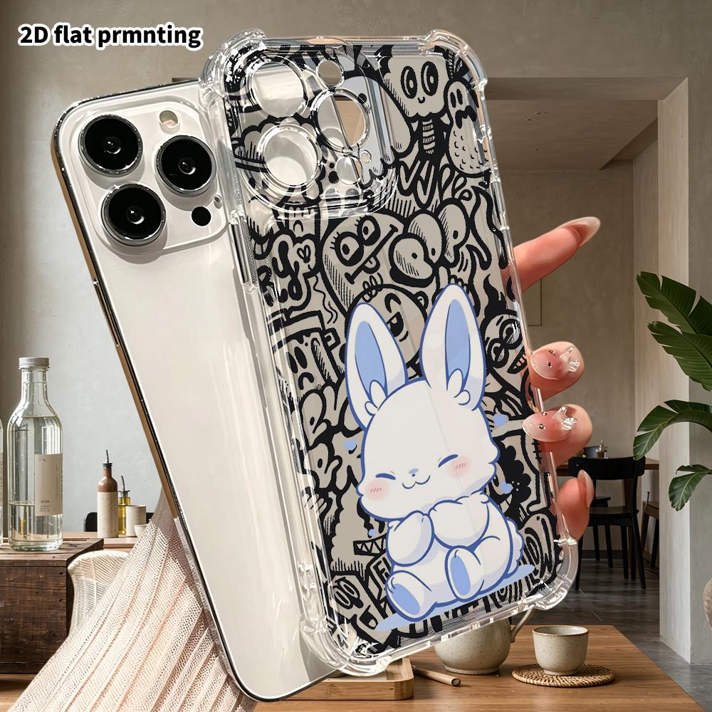 Phone Case: 2D Flat Suitable for iPhone 18 17 16 15 14 13 Pro, Transparent Four Corner Protective Case, Blue Eared Little White Rabbit, Christmas and 
