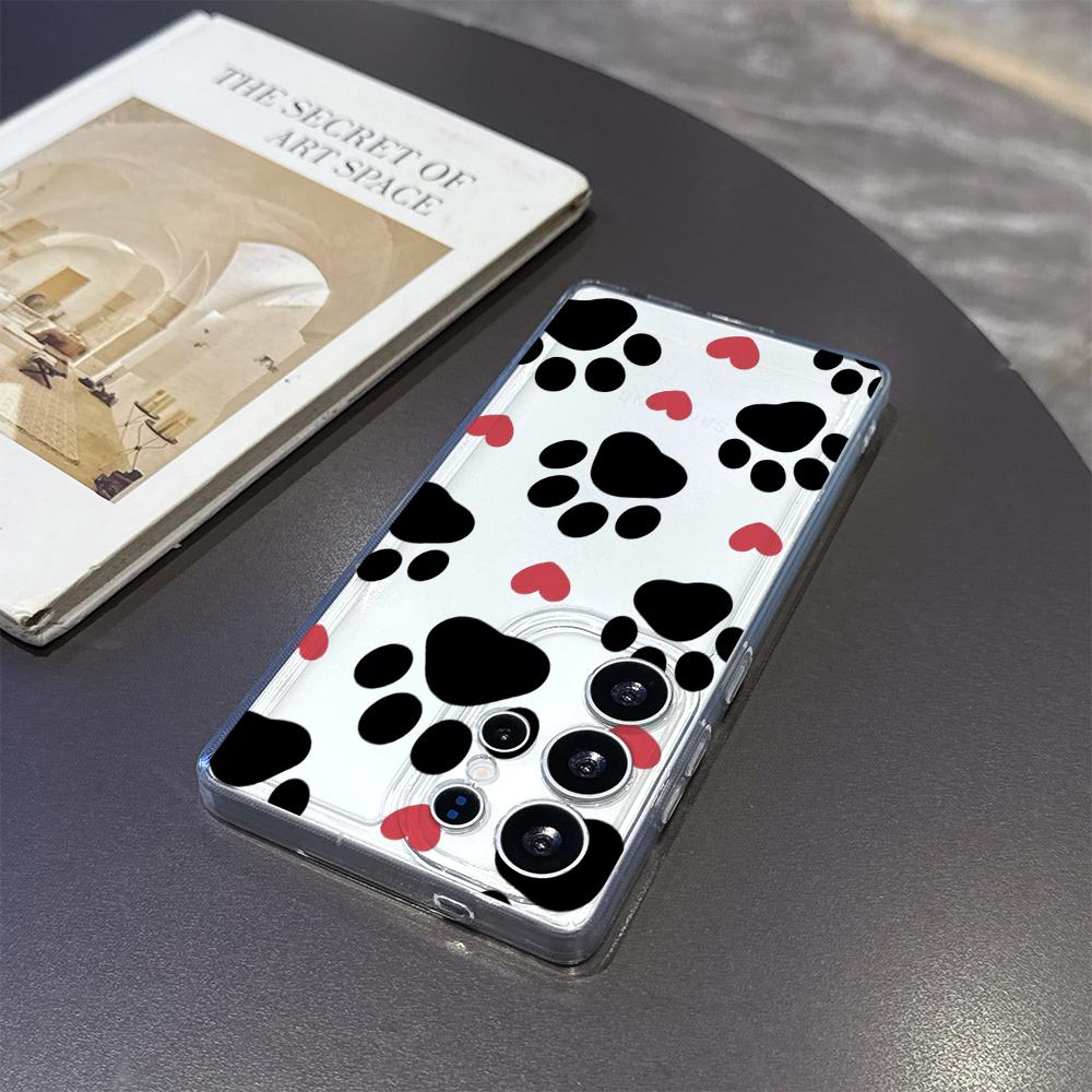 Black Paw Prints with Red Hearts Phone Case for Samsung Galaxy S26 S25 S24 S23 S22 S21 S20 FE Plus Lucency TPU Protection Cover